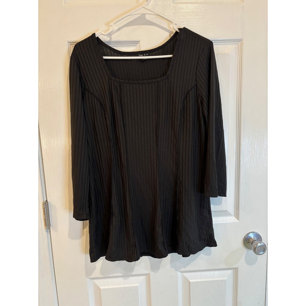 Sami & Jo Women's Black Ribbed Square Neck 3/4 Sleeve‎ Tunic Top - Size L